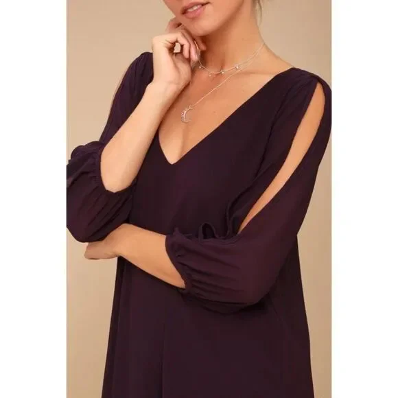 Lulu's Purple Long Sleeve V-Neck Cold Shoulder Shift Dress - Picture 3 of 9